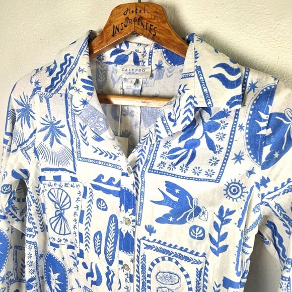 Women's Calyspo Blue and White Graphic Linen Blend Button-Up Shirt Sizs Small - Picture 9 of 11